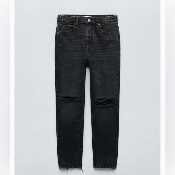 Zara Mom Fit Jeans Straight Leg Ripped Black - Picture 2 of 12